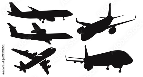 Collection of five passenger airplane silhouettes featuring commercial jets, a propeller plane, and a turboprop aircraft, suitable for aviation industry logos, travel banners, and design graphics.
