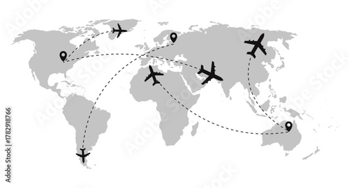 World map showing aircraft flying between various destination points marked by location pins with dashed and wavy flight path lines for a global transportation concept and web designs.