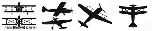 Collection of vintage propeller planes, including biplanes and monoplanes, viewed from different perspectives, for historical flight concepts, retro aviation projects, and transportation posters.