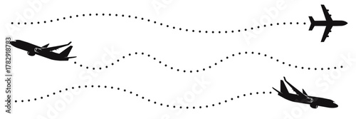 Three distinct black airplane silhouettes flying along dotted flight path lines, representing air travel, commercial transportation, and mapping routes for use in web design or social media posts.