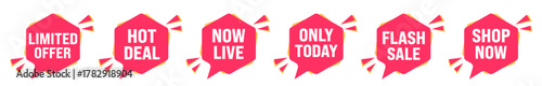 Vector collection of six different speech bubble labels, featuring promotions such as Hot Deal, Flash Sale, and Limited Offer for use in digital marketing media posts and web banner graphics.