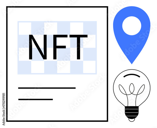 NFT text on grid, blue location marker, and light bulb icon. Ideal for blockchain, digital asset, creativity, innovation, geotagging technology or minimalistic idea. Simple flat metaphor