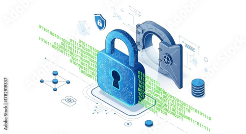 Digital Security Concept Depicting a Blue Padlock and Vault Door