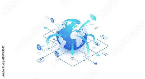 Global Financial Transactions Depicted with Arrows and Currency Symbols