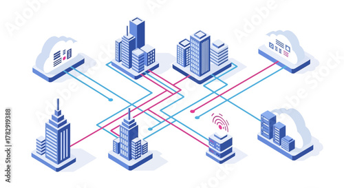 Isometric Cityscape Depicting Data Transfer and Wireless Communication