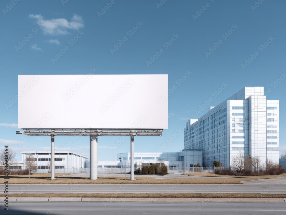 Obraz premium Blank Billboard Mockup Against Blue Sky Ready for Advertisement in an Urban Setting