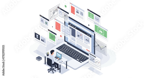 Isometric View of a Man Working on Laptop with Web Pages