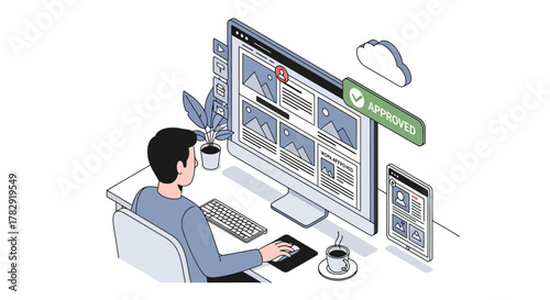 Modern Office Worker Approving Work on Computer with Digital Tablet