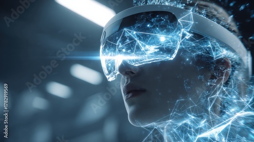 Wallpaper Mural Woman Wearing Futuristic Augmented Reality Headset Surrounded by Digital Data Visualization, Exploring Metaverse and Immersive Technology Torontodigital.ca