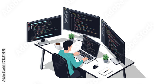 Programmer at Desk Surrounded by Code on Multiple Computer Screens