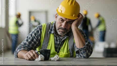 Tired middle-aged male construction worker resting his head on his hand during a coffee break at a construction site, feeling exhausted and stressed from hard work.