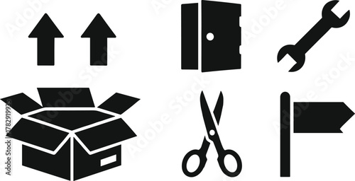 Black silhouette icons of box, door, wrench, scissors, and direction sign, minimalist vector illustration for packaging, delivery, tools, and navigation concepts