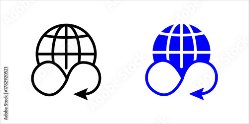 Global_Loop_Circular_Economy_Sustainability_Icon ector icon illustration showing a stylized globe (Earth) above an infinity symbol with arrows, representing a continuous loop or cycle. The icon is pre