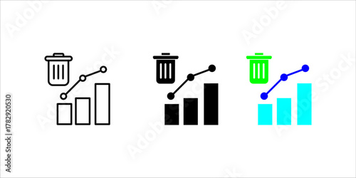 Waste_Management_Progress_Chart_Iconset.illustration showing a bar graph with an upward trend line and a trash can symbol on top. This is presented in three styles (outline, solid, and color)