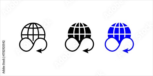 Global_Loop_Circular_Economy_Sustainability_Icon ector icon illustration showing a stylized globe (Earth) above an infinity symbol with arrows, representing a continuous loop or cycle. The icon is pre