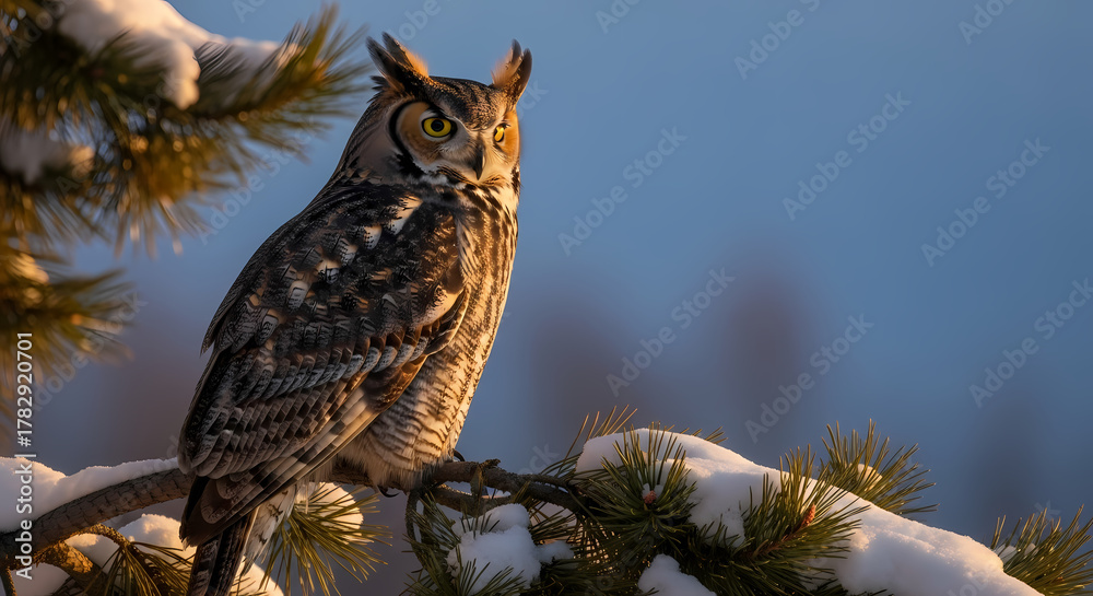 Obraz premium A majestic Great Horned Owl perched on a snow-covered pine branch, bathed in sunlight.