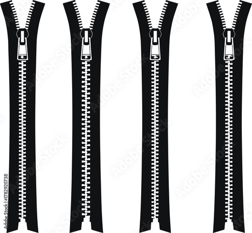 Black zipper silhouette collection, metal and plastic zip fastener vector illustration set for clothing, bag, textile, and fashion design elements