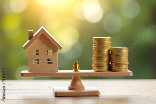 Wooden house and coins balance on scale, symbolizing home affordability or financial investment in real estate. Sunlit background adds warmth.