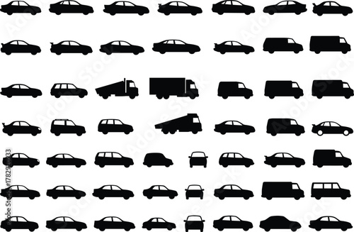 Car and truck silhouettes collection, black vehicle vector set, sedan SUV van and transport icons, automotive illustration for traffic design and transportation concept