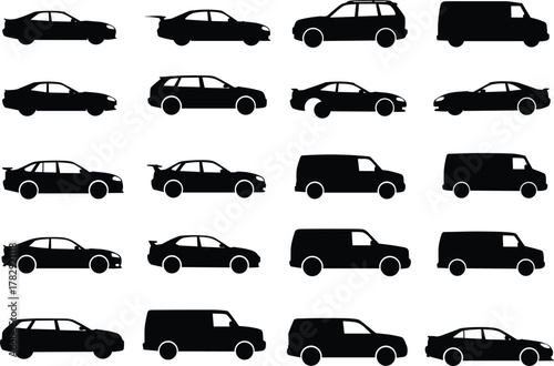 Car silhouettes collection, black vehicle icons set, sedan SUV and van shapes vector illustration, transportation design elements for automotive concept art