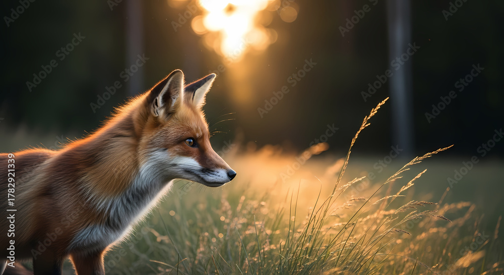Fototapeta premium A stunning portrait of a red fox in a field, illuminated by the warm glow of the setting sun.