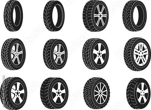 Car tire and alloy wheel vector collection, realistic automotive tire illustration set with detailed tread patterns, modern wheel rim design, and transport concept