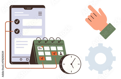 Tablet with checklist, calendar, clock, gear, and pointing hand represents task planning, productivity, schedule, goal tracking organization process optimization and time management. Simple flat