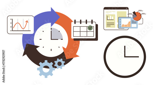 Clock with rotating arrows, charts, gears, and calendar emphasizing organization, productivity, planning, and workflow. Ideal for time tracking, productivity tools efficiency project management