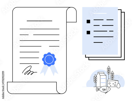 Rolled certificate with signature and blue seal, checklist on papers, food items thumbs up fish, milk, wheat, and cheese. Ideal for food safety, quality assurance, compliance accreditation