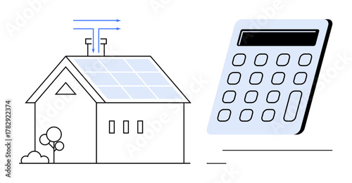 Solar-paneled house connected to digital calculator for energy management, consumption tracking. Ideal for renewable energy, eco-living, cost analysis, green economy, home efficiency, solar