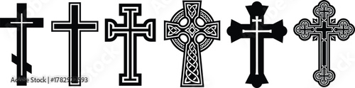 Christian cross vector collection, black ornate and Celtic crucifix symbols, religious faith and spirituality design set for church, worship, and graphic illustration