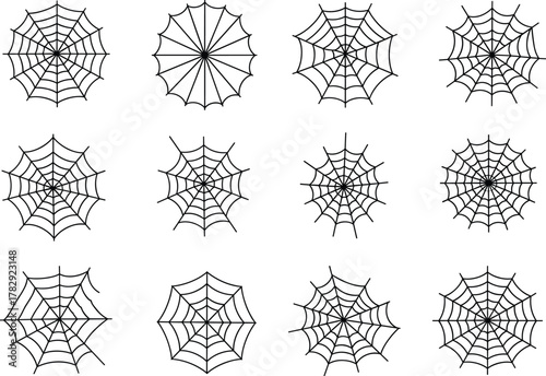 Collection of spider web designs, Halloween decoration elements, spooky cobweb vector illustration, black line spiderweb set for horror and creepy themes