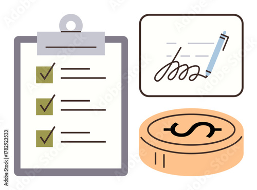Clipboard with checklist, signed document, and dollar coin representing organization, agreements, and budgeting. Ideal for finance, contracts, to-do lists, productivity project planning budgeting
