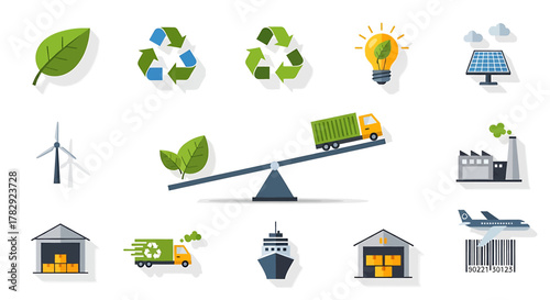 Eco-friendly transportation and industry icons.