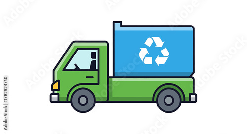 Green recycling truck with blue container and recycle symbol.