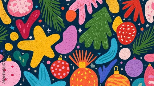 Vibrant and festive holiday-themed illustration featuring colorful ornaments, stars, and foliage against a dark background.