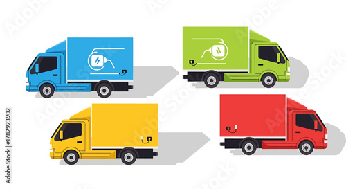 Four Colorful Delivery Trucks Lined Up.