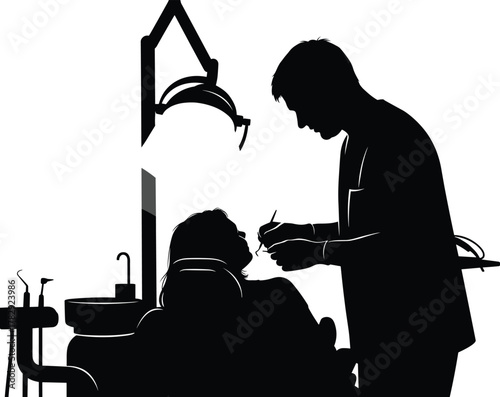 Dentist examining patient teeth in dental chair silhouette, professional oral care vector illustration, modern dentistry treatment concept for medical design.