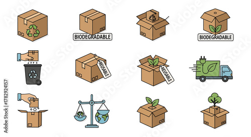 Eco-friendly packaging and delivery icons.