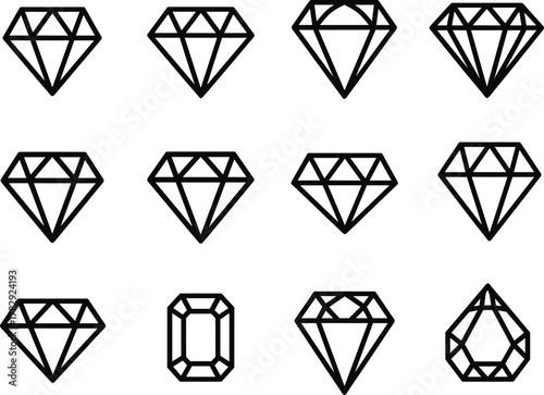 Diamond outline vector collection, geometric gemstone illustration, luxury crystal line art design, minimalist black and white jewel icon set, elegant shapes