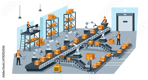 Automated Warehouse Logistics with Robotic Arms and Conveyor Belts.