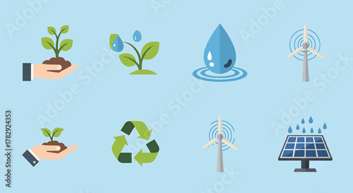 Eco-friendly icons for sustainability and renewable energy.