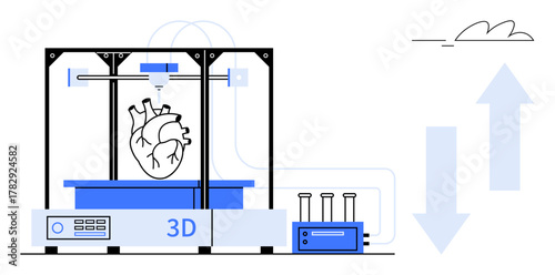 3D printer crafting a heart model, adjacent lab tools and arrows portraying progress. Ideal for technology, medicine, research, innovation, healthcare, advancement futuristic concepts. Simple flat