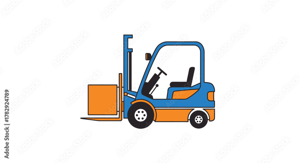 Fototapeta premium Blue and orange forklift truck lifting a box.
