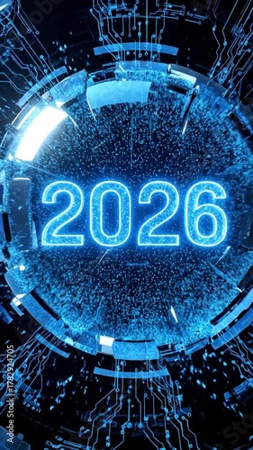 2026 digital tech intro video futuristic circuit board animation, neon blue sphere, abstract hi-tech countdown, data stream effect