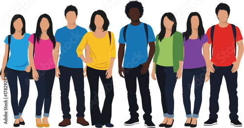 Diverse group of young students standing together, education teamwork concept illustration, multicultural people vector for learning, school and community design