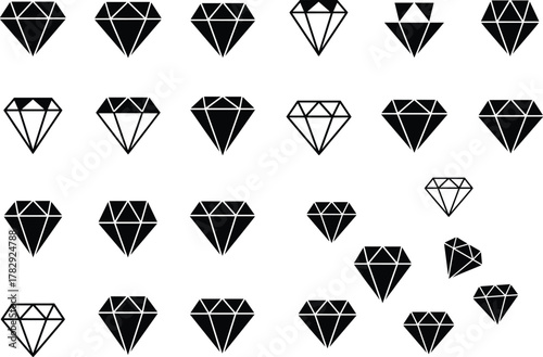 Diamond shapes vector collection, minimalist gemstone icons set, luxury jewel illustration, geometric crystal design, black and white diamond outline symbols, modern art