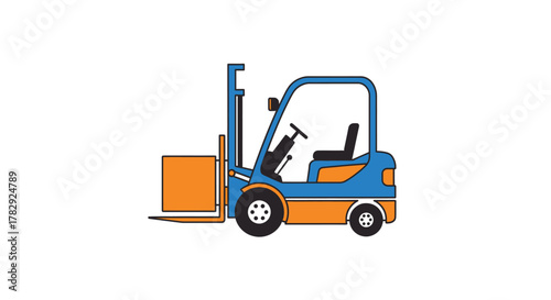 Blue and orange forklift truck lifting a box.