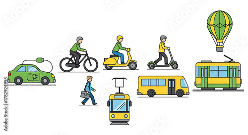 Diverse modes of transportation and a hot air balloon.