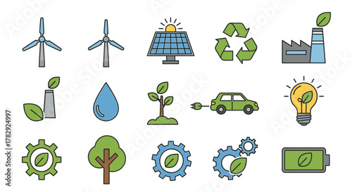 Eco-friendly energy and sustainability icons set.